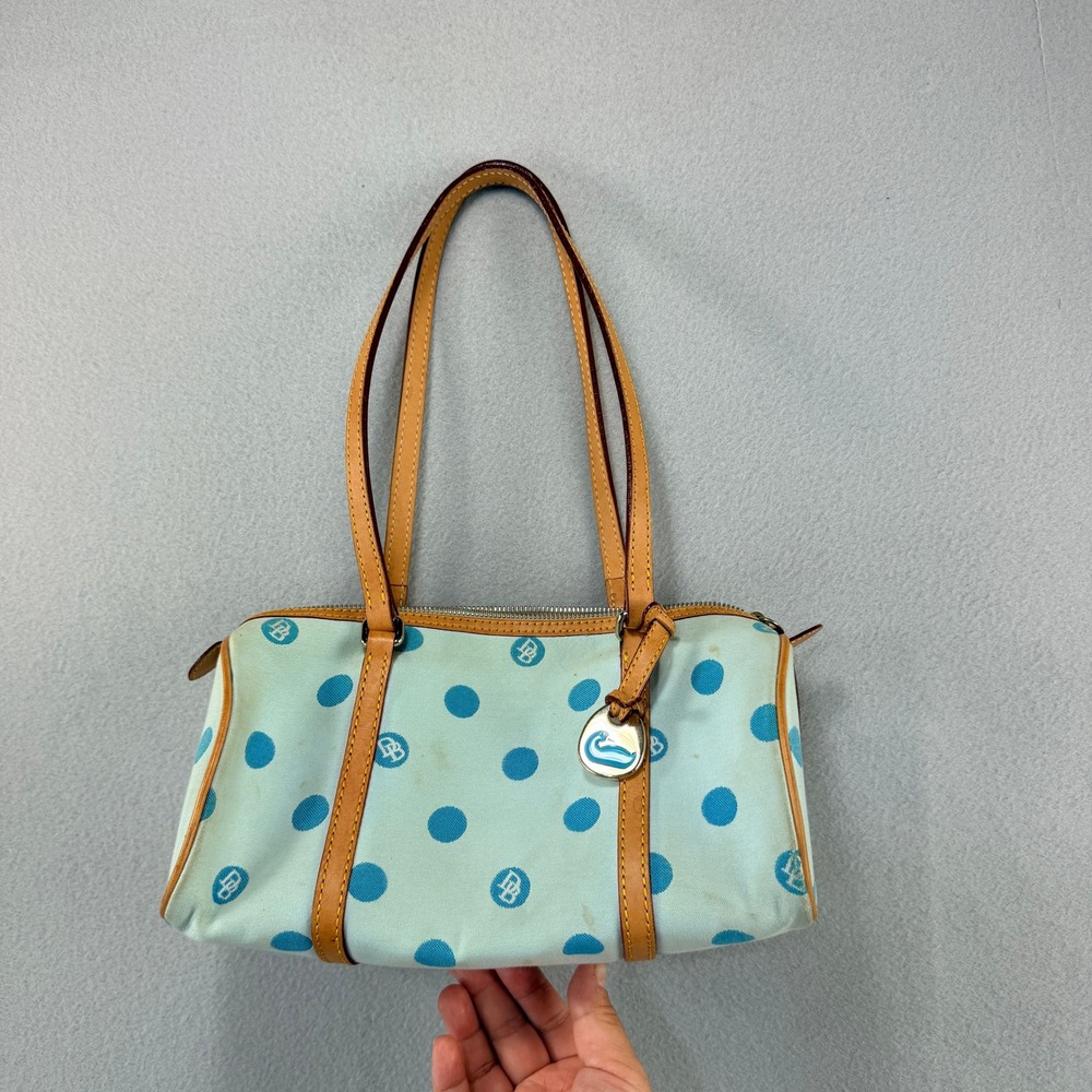 Dooney & Bourke Blue Polka Dot Canvas Barrel Bag Leather Trim Duck Charm